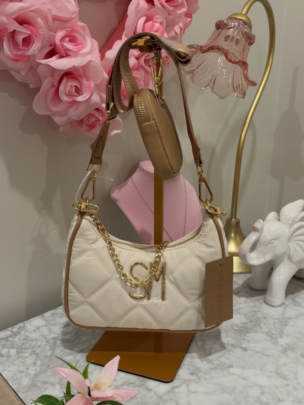 Steve Madden Quilted Cream Shoulder Bag with Tan Trim and Gold Chain